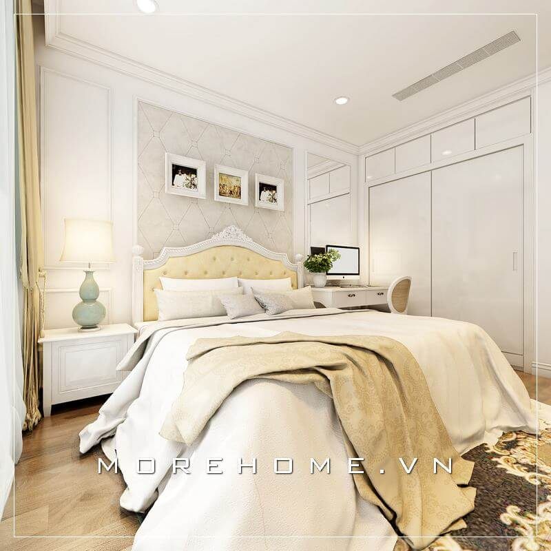 Mẫu giường ngủ bọc da đầu giường ấn tượng, khung giường được làm với chất liệu gỗ tần bì nhập khẩu phun sơn trắng bệt cao cấp mang đến sự sang trọng và chắc chắn trong quá trình sử dụng